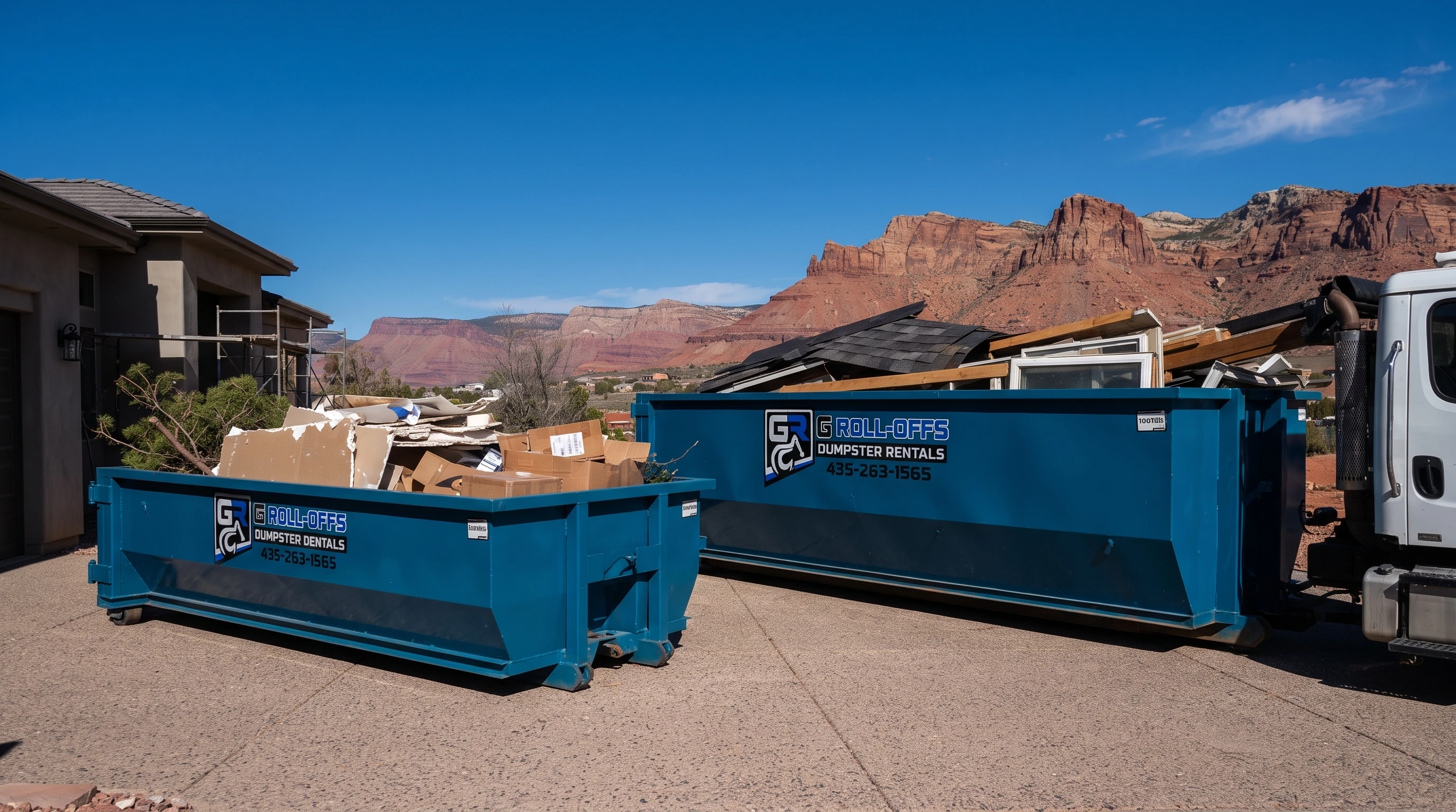 15-yard and 30-yard G Roll-Offs dumpsters side by side on a Cedar City driveway