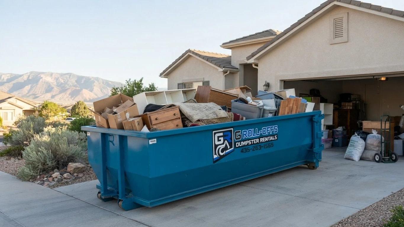 G Roll-Offs dumpster on a Cedar City driveway during a home cleanout
