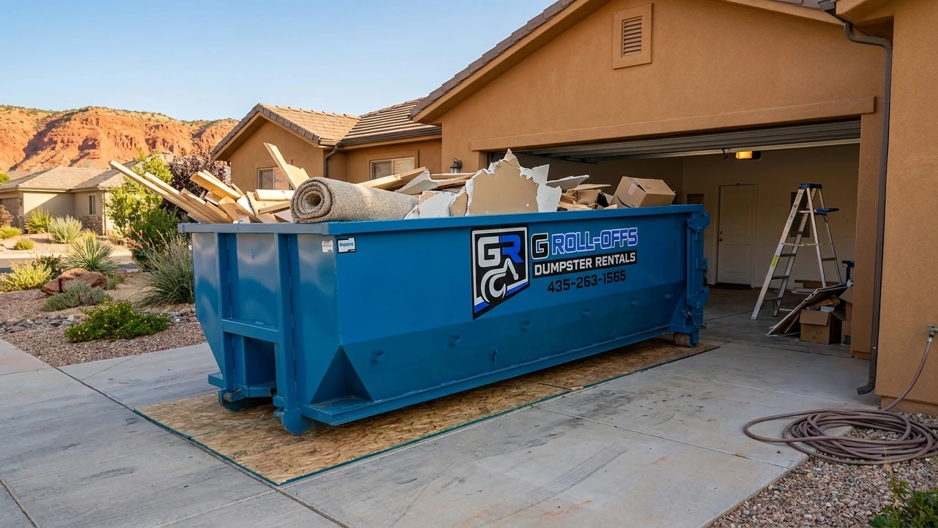 Self-load G Roll-Offs dumpster on a Cedar City driveway, used instead of a junk removal crew